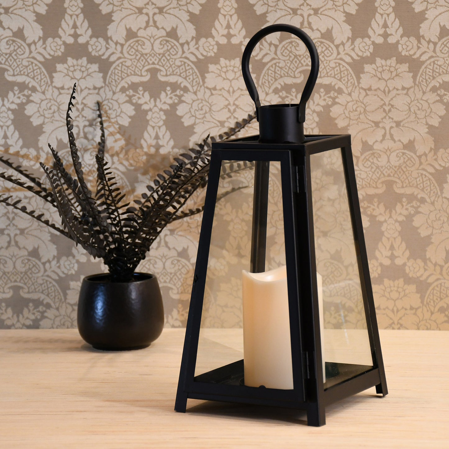 Metal Lantern with Battery-Operated Candle - Black Tapered