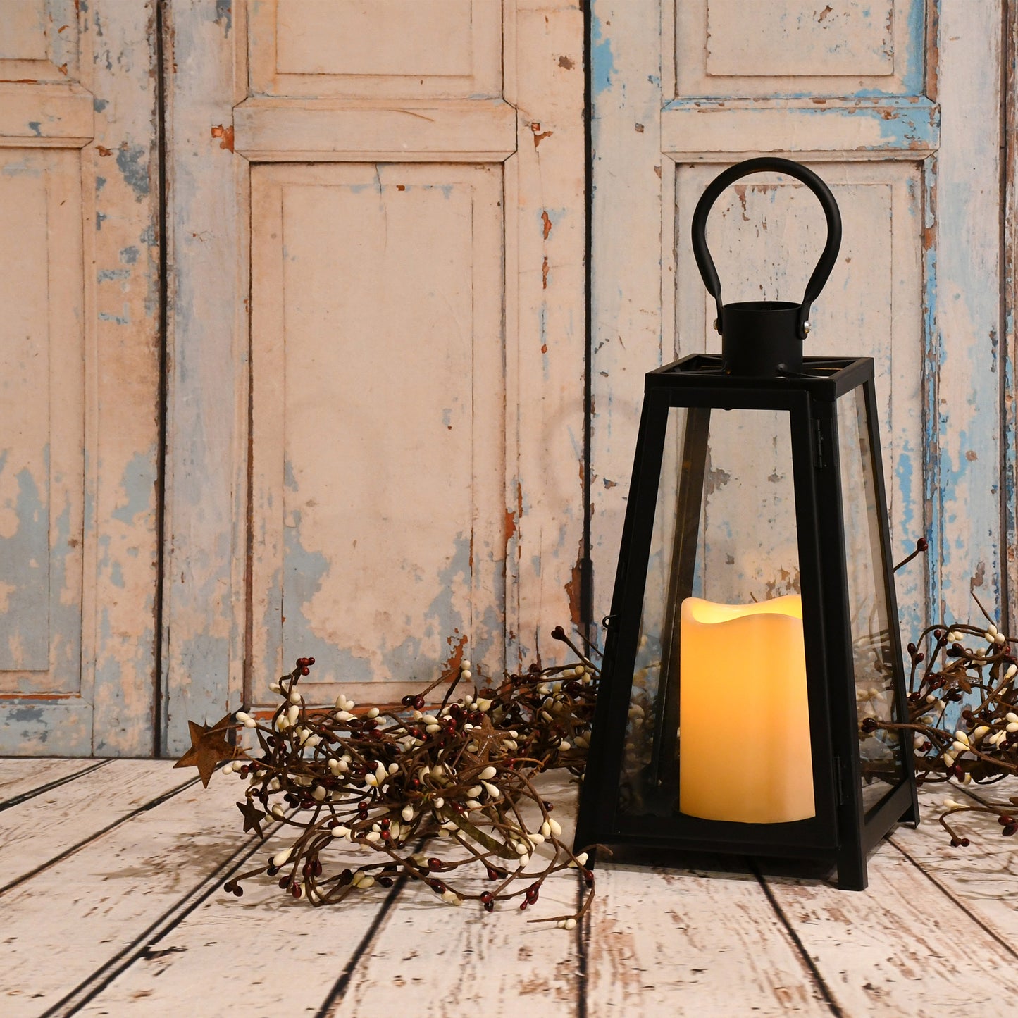 Metal Lantern with Battery-Operated Candle - Black Tapered