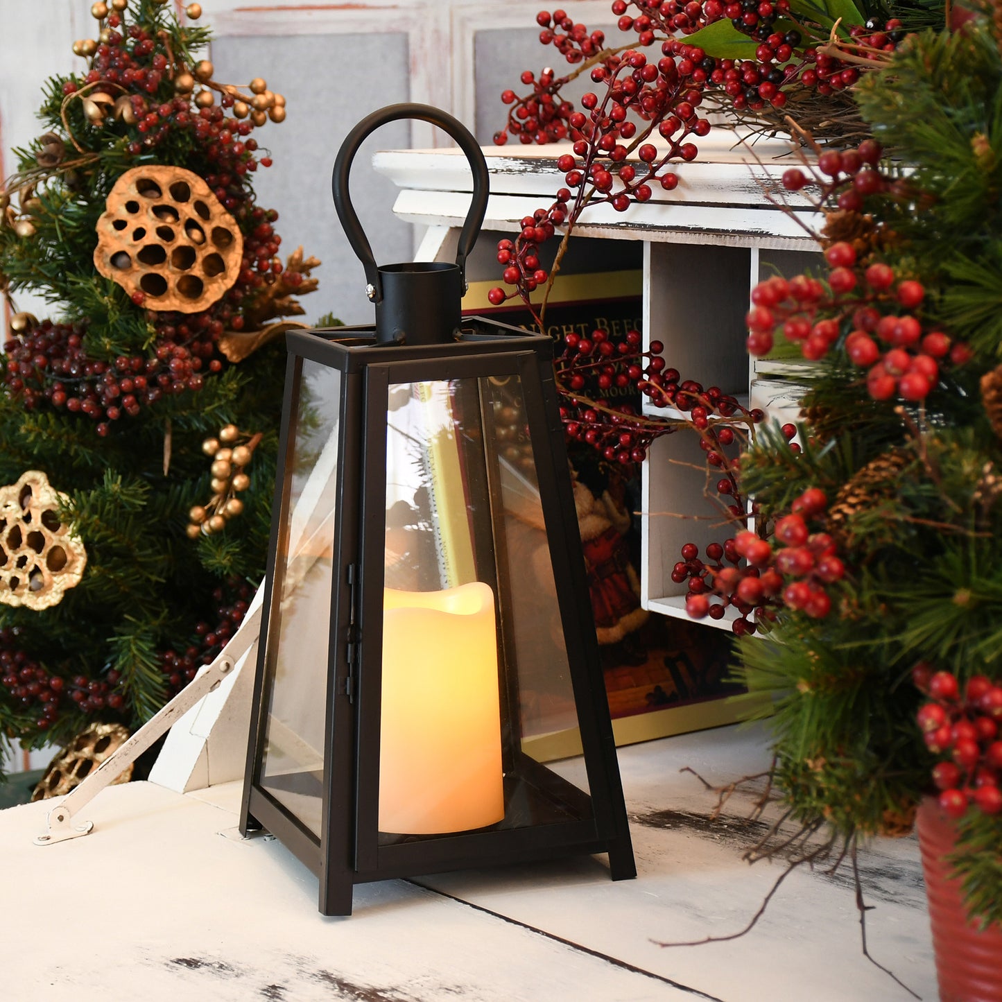 Metal Lantern with Battery-Operated Candle - Black Tapered