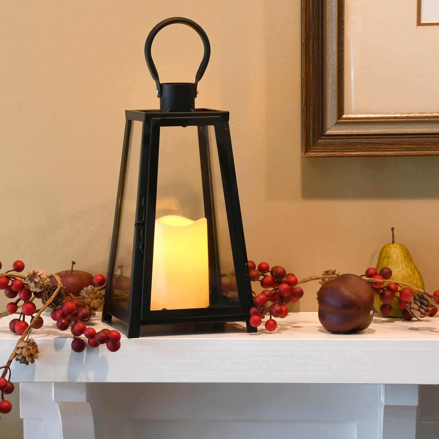 Metal Lantern with Battery-Operated Candle - Black Tapered