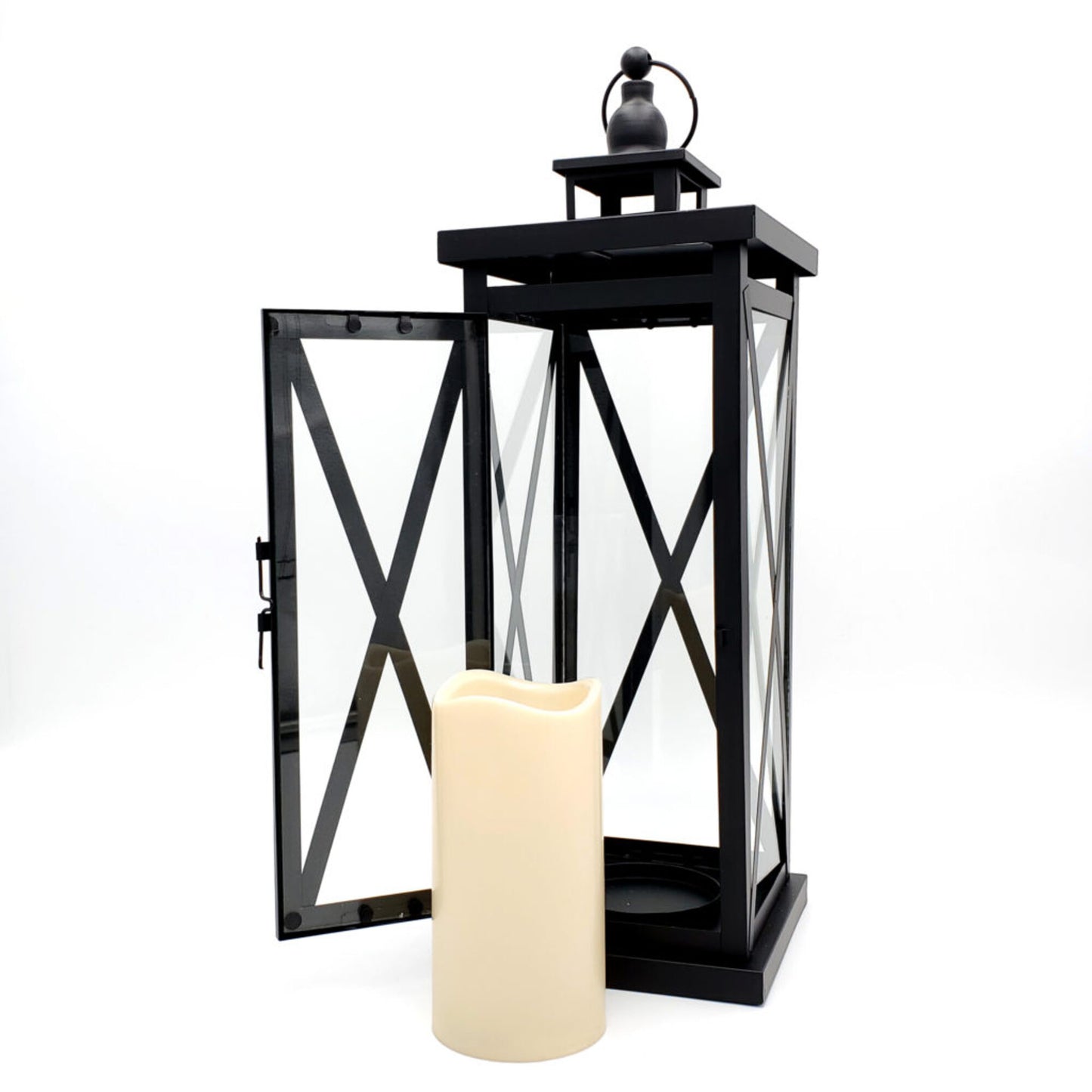 Metal Lantern with Battery Operated Candle - Black Crisscross