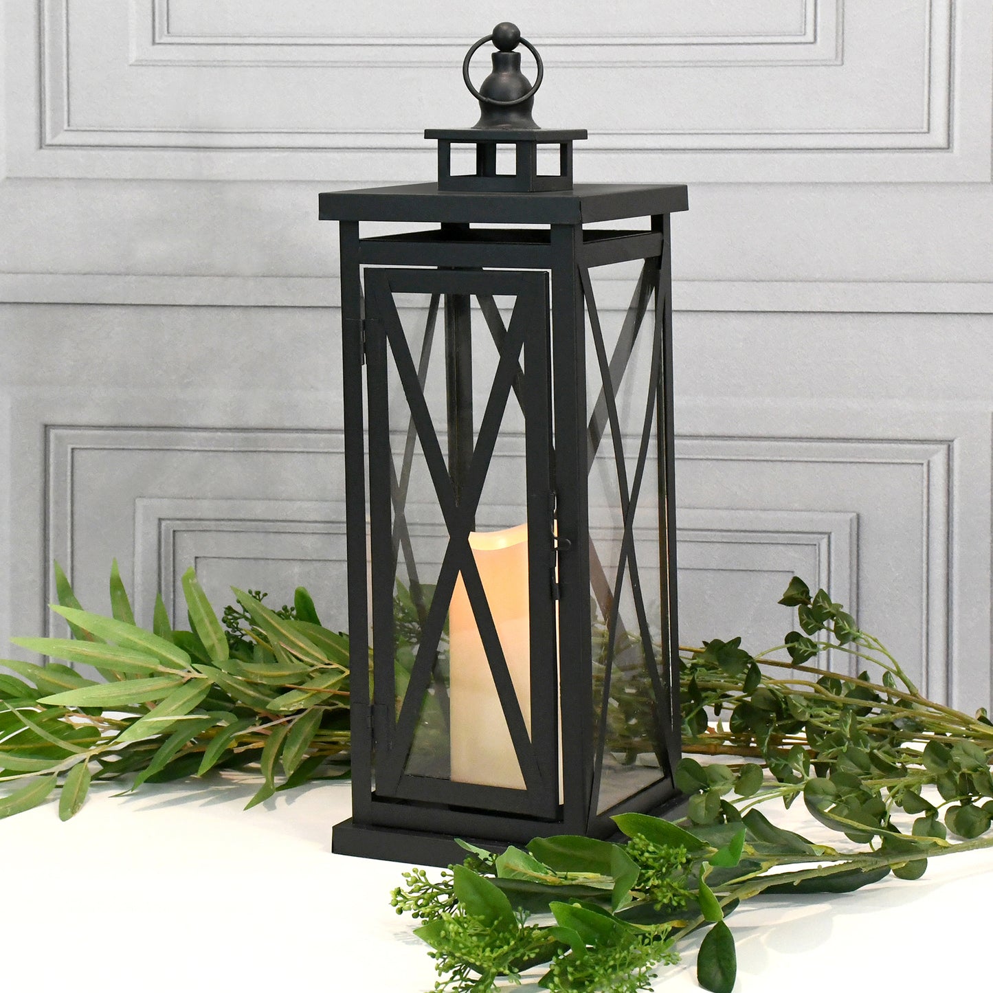 Metal Lantern with Battery Operated Candle - Black Crisscross