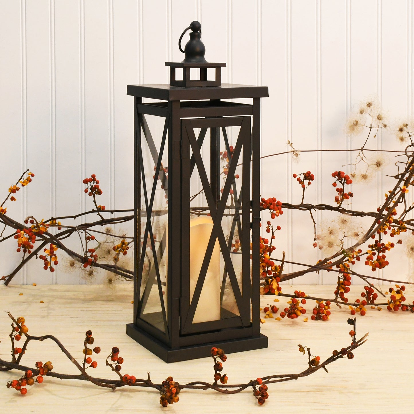 Metal Lantern with Battery Operated Candle - Black Crisscross