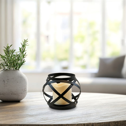Black Banded Metal Lantern with Battery Operated Candle