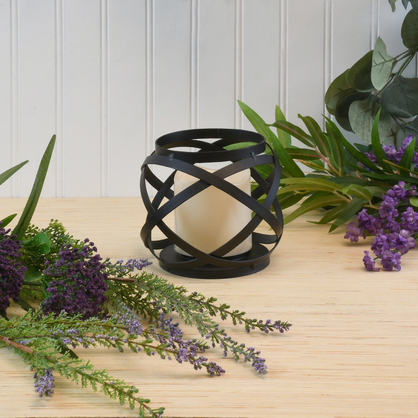 Black Banded Metal Lantern with Battery Operated Candle