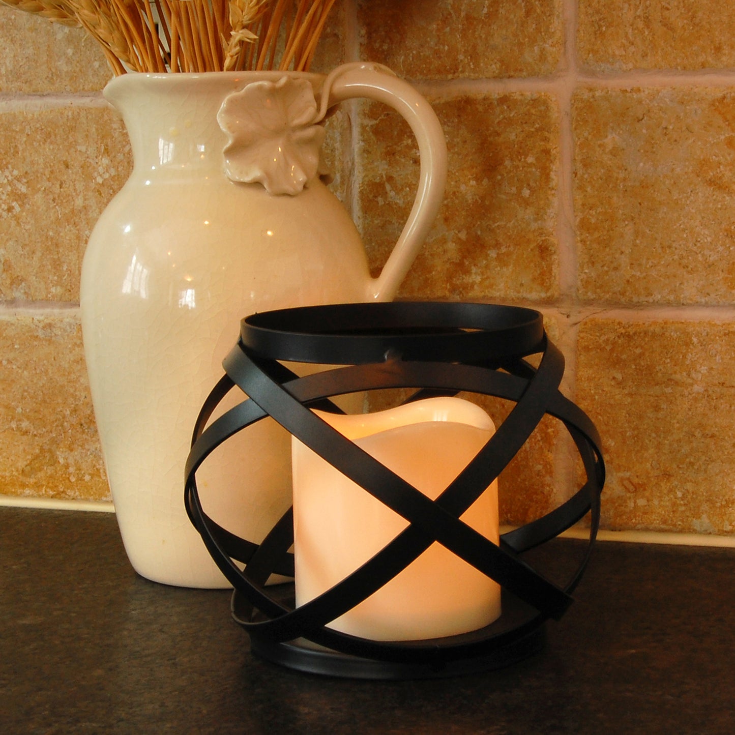 Black Banded Metal Lantern with Battery Operated Candle