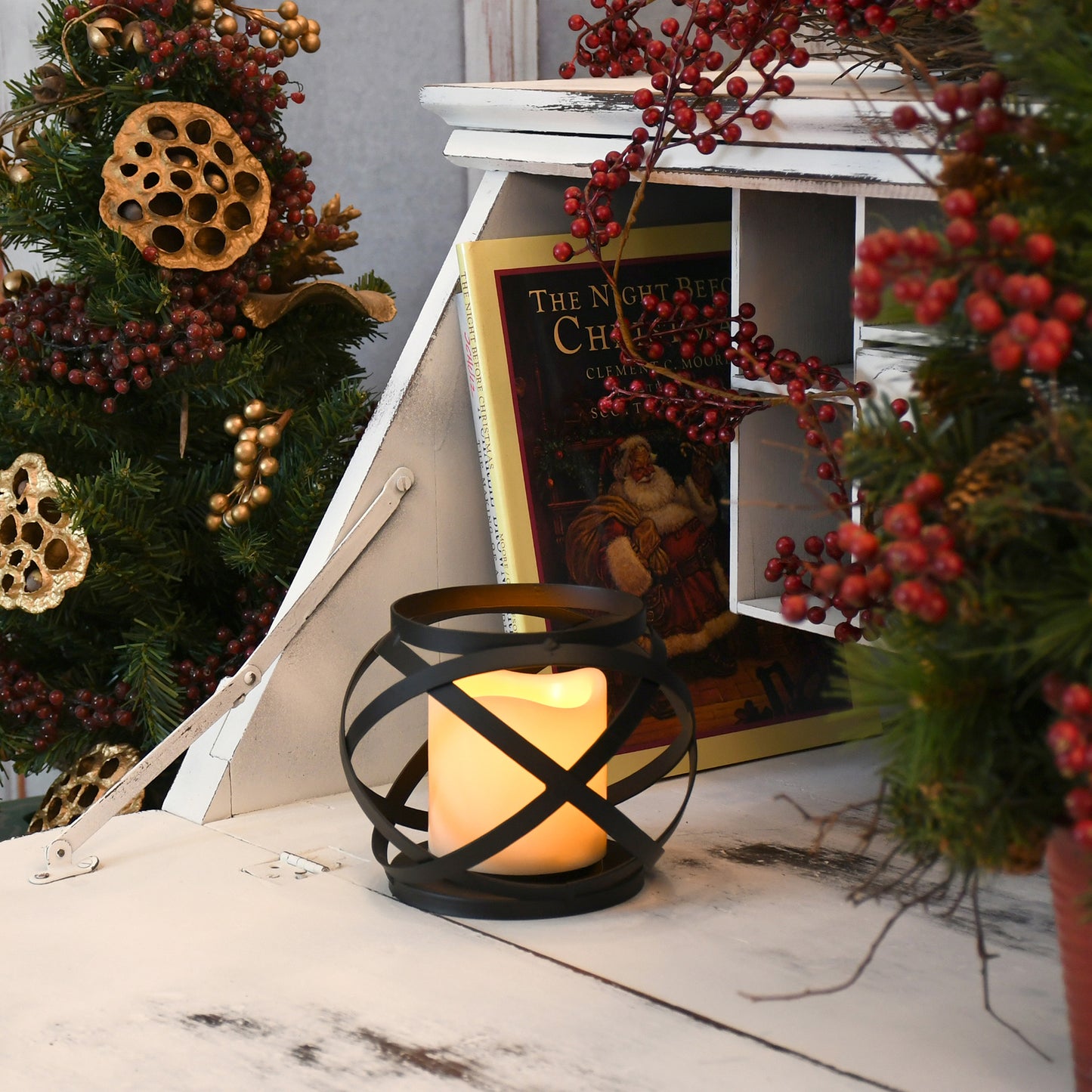 Black Banded Metal Lantern with Battery Operated Candle
