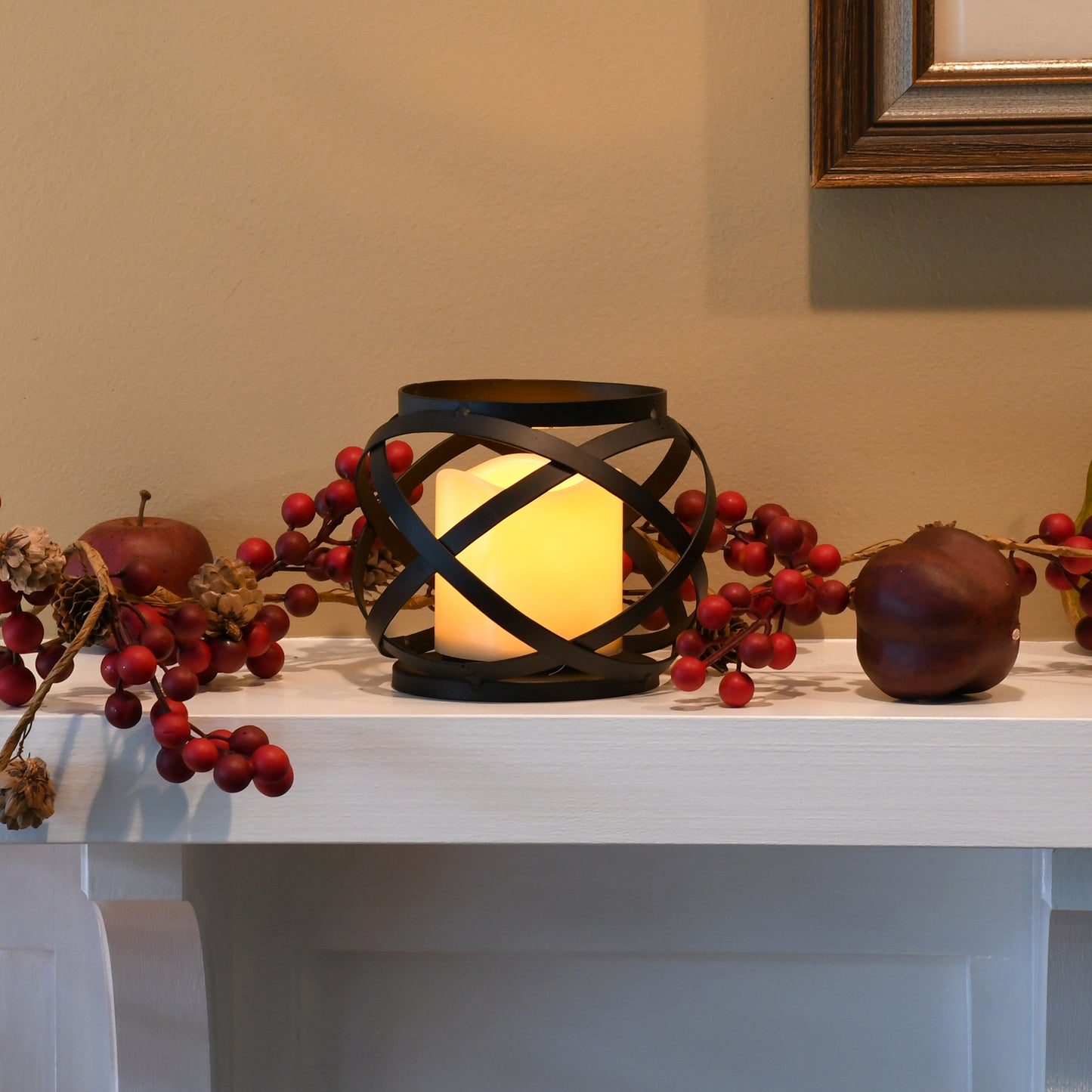 Black Banded Metal Lantern with Battery Operated Candle