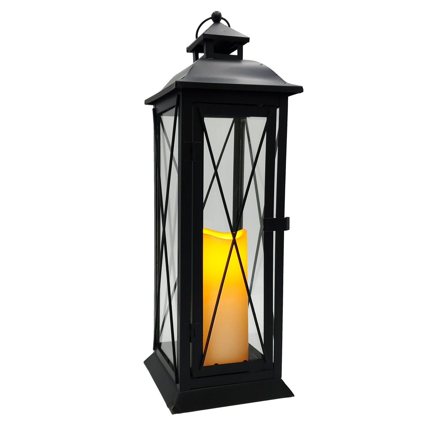 Battery Operated Metal Lantern with LED Candle - Crisscross
