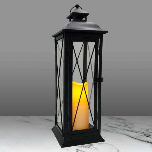 Battery Operated Metal Lantern with LED Candle - Crisscross