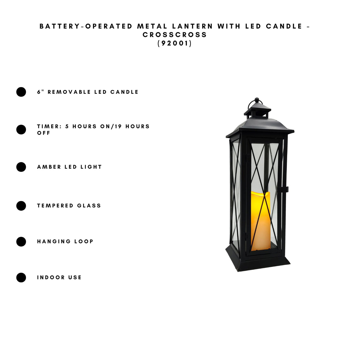 Battery Operated Metal Lantern with LED Candle - Crisscross