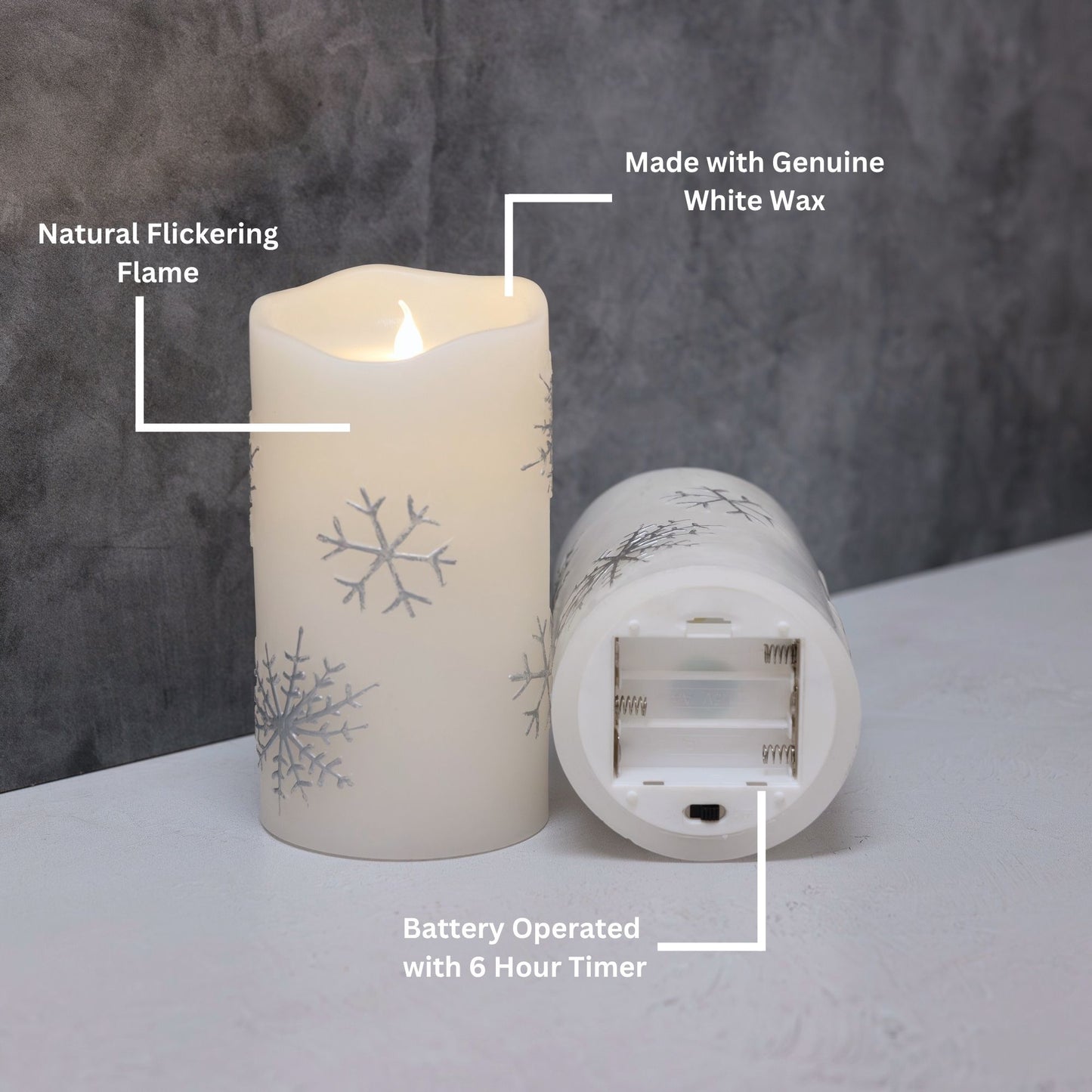 Battery Operated Wax LED Candles, Snowflake - Set of 2