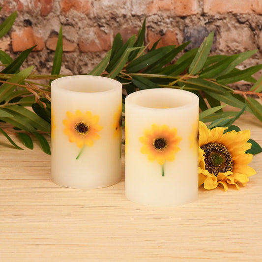 Battery-Operated Wax LED Candles, Dried Flowers - Set of 2
