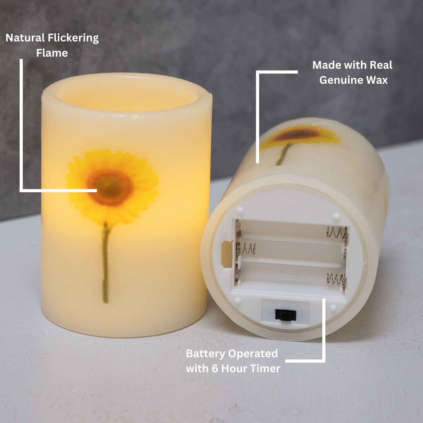 Battery Operated Wax LED Candles, Dried Flowers - Set of 2