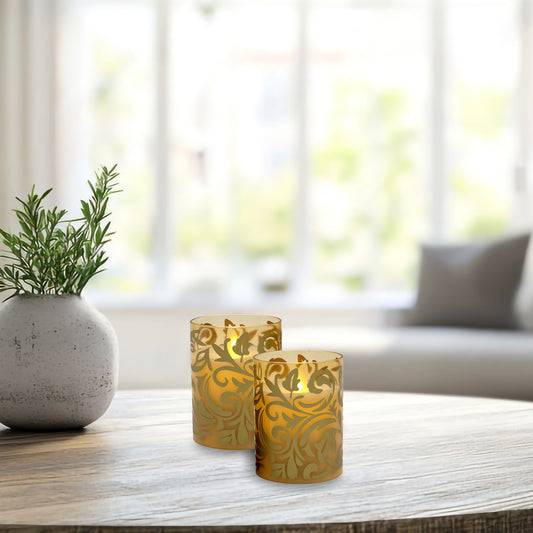 Battery Operated Glass LED Candles, Gold Jacquard - Set of 2