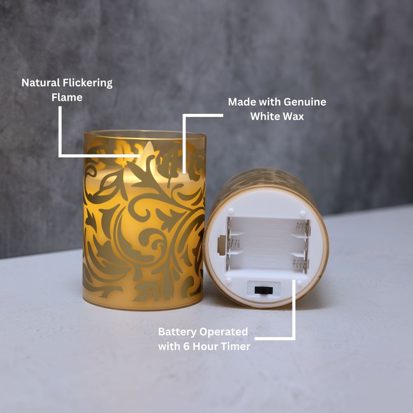 Battery Operated Glass LED Candles, Gold Jacquard - Set of 2