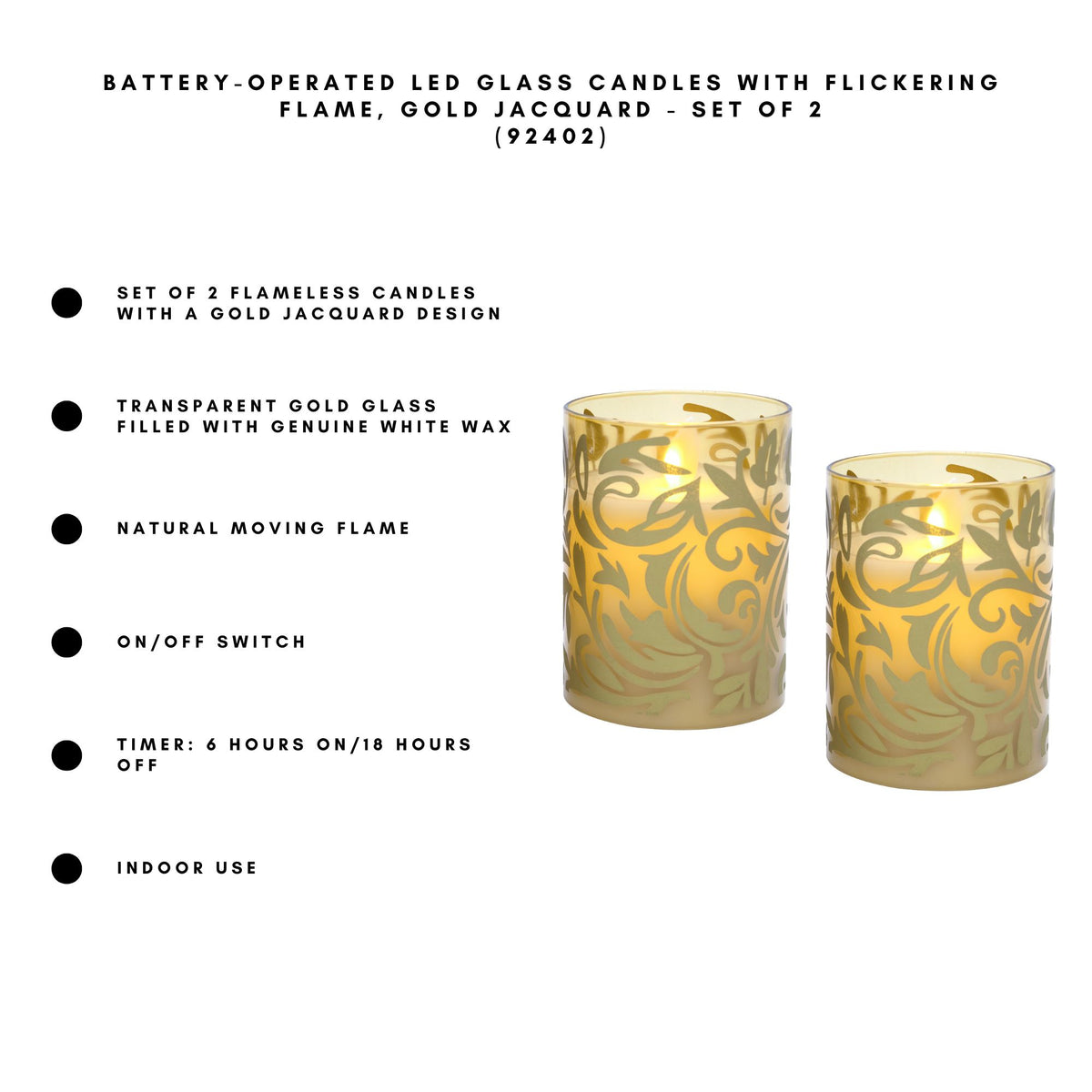 Battery-Operated LED Glass Candles with Flickering Flame, Gold Jacquard - Set of 2