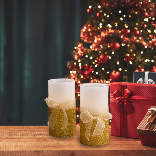 Battery-Operated Wax LED Candles, Gold Bow - Set of 2