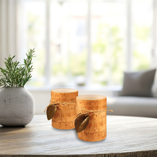 Battery Operated Wax LED Candles, Cork with Leaf - Set of 2