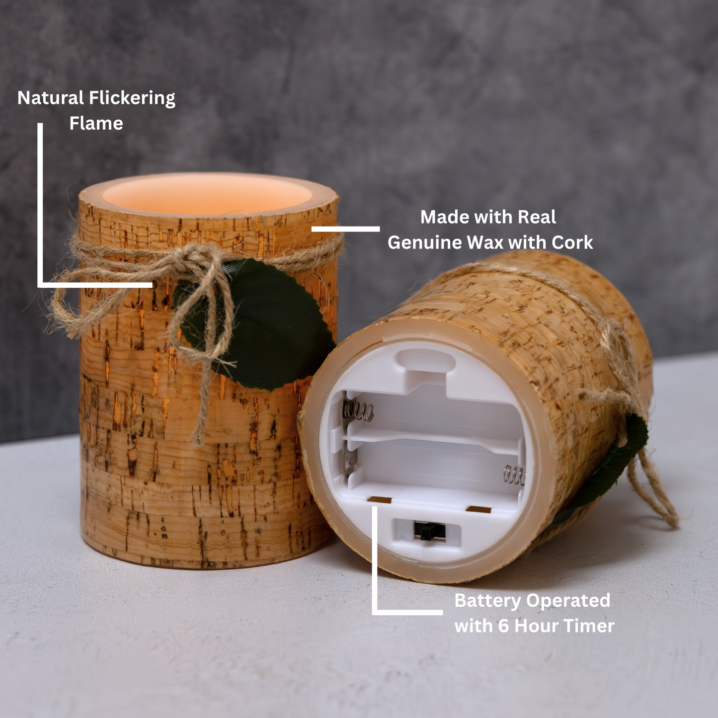 Battery Operated Wax LED Candles, Cork with Leaf - Set of 2