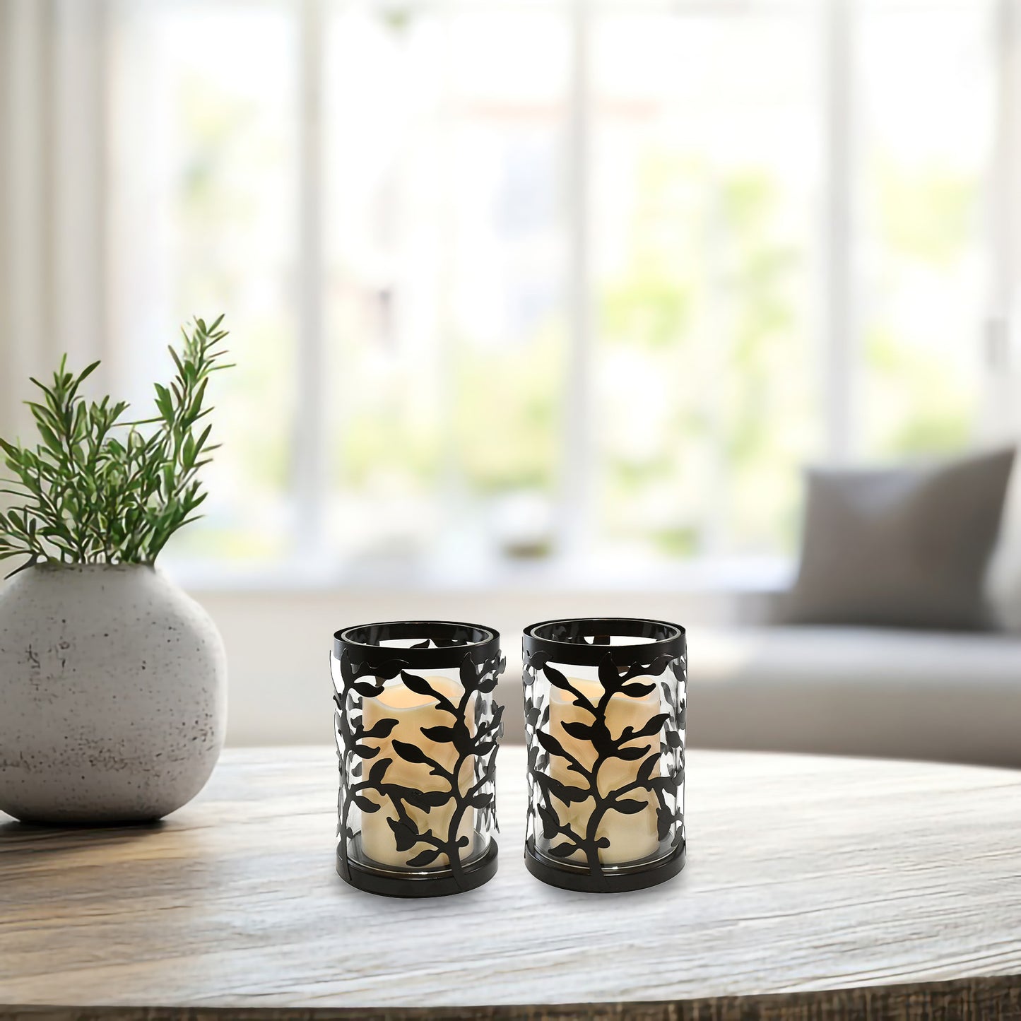 Black Vine Hurricanes with LED Candles - Set of 2