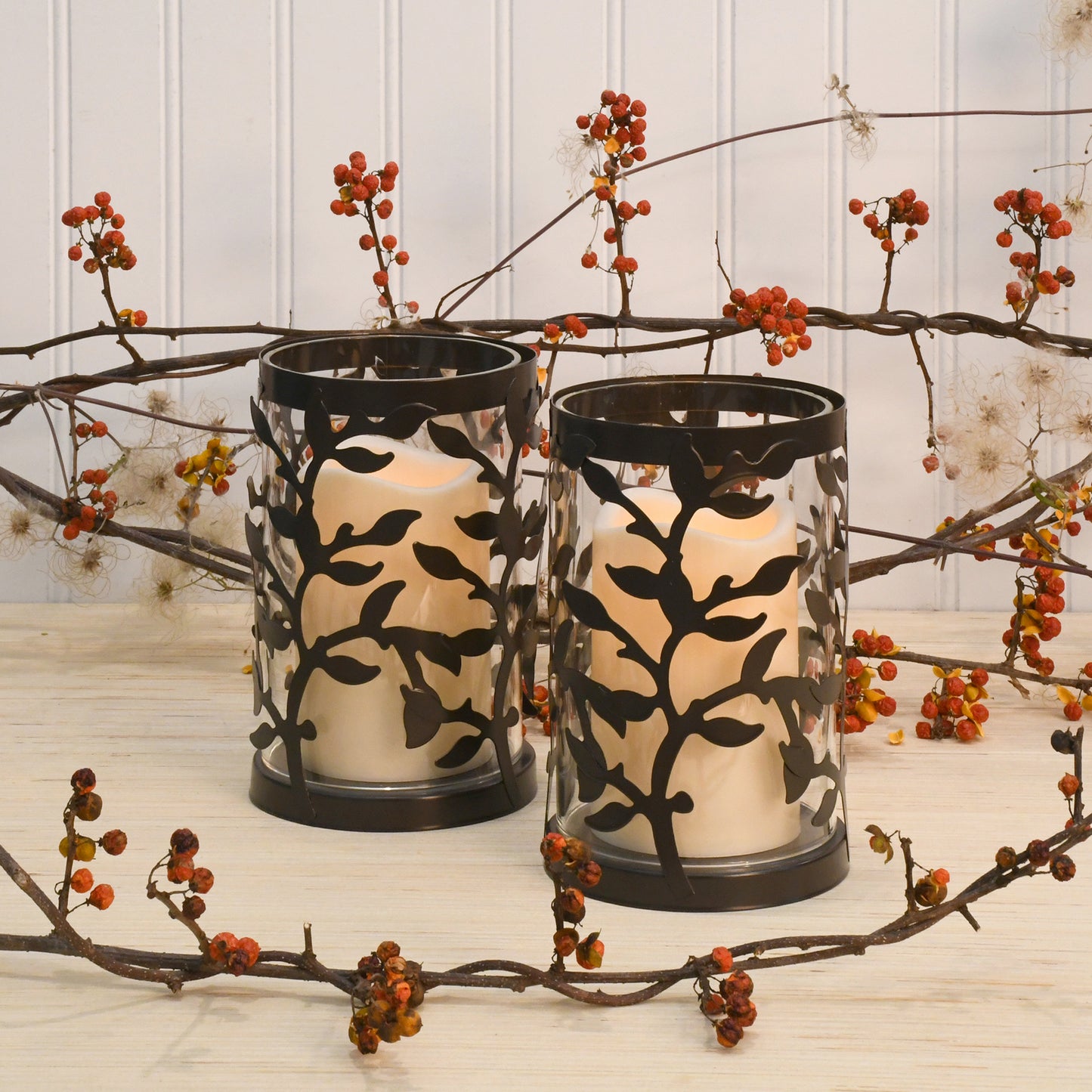 Black Vine Hurricanes with LED Candles - Set of 2