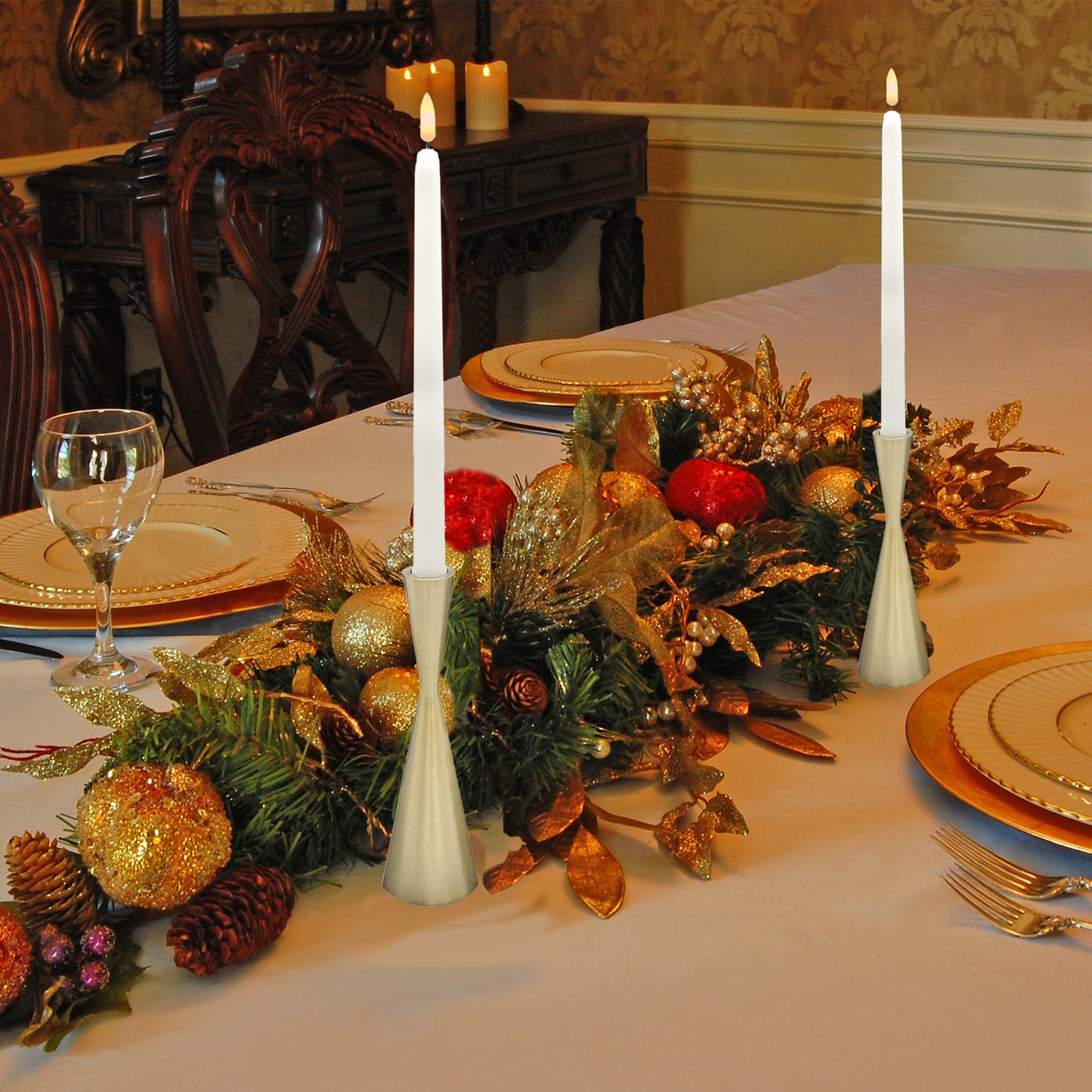 Battery-Operated 3D Wick Taper Candles with Metal Holders - Set of 2