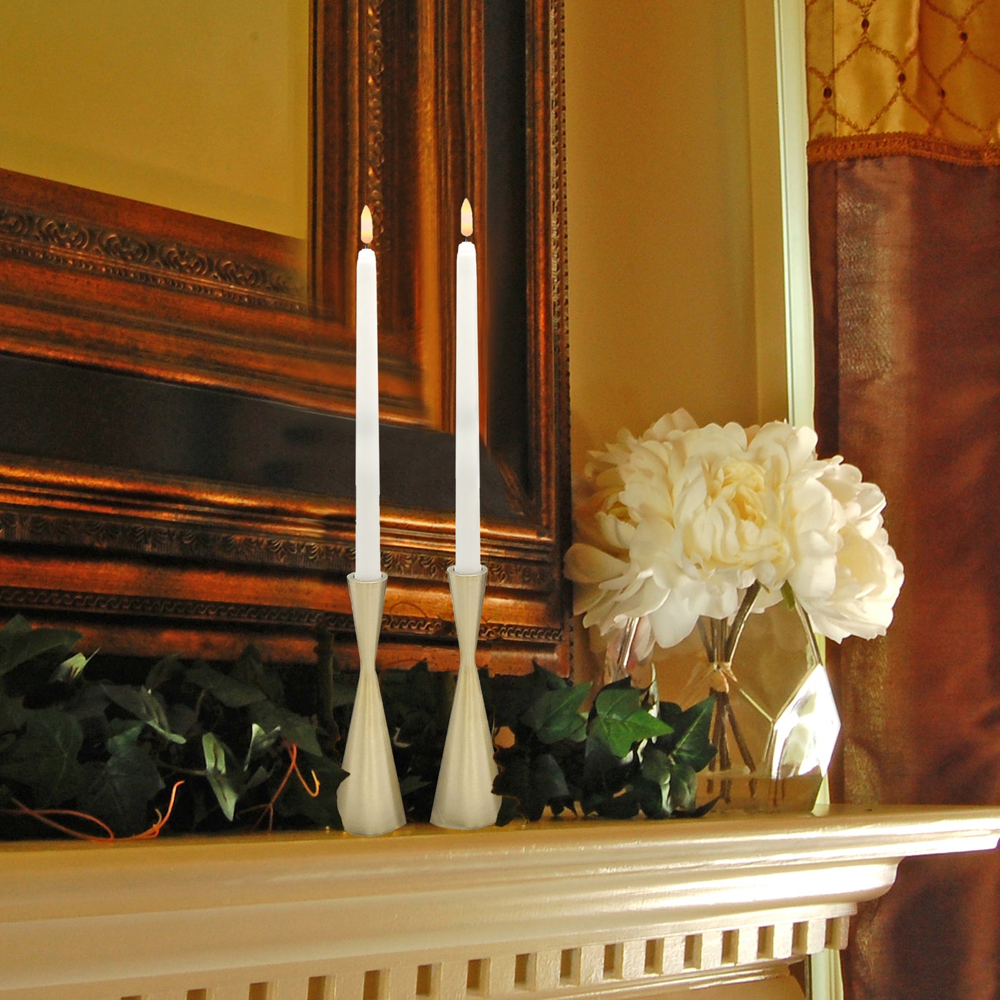 Battery-Operated 3D Wick Taper Candles with Metal Holders - Set of 2