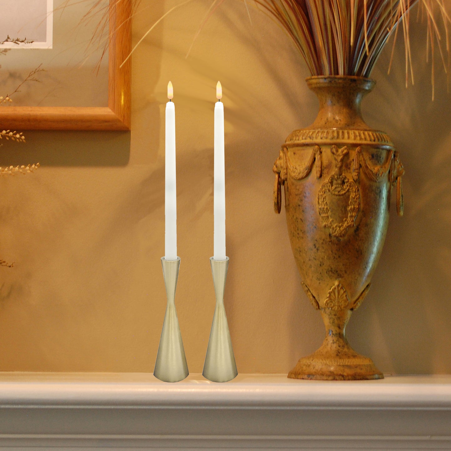 Battery-Operated 3D Wick Taper Candles with Metal Holders - Set of 2