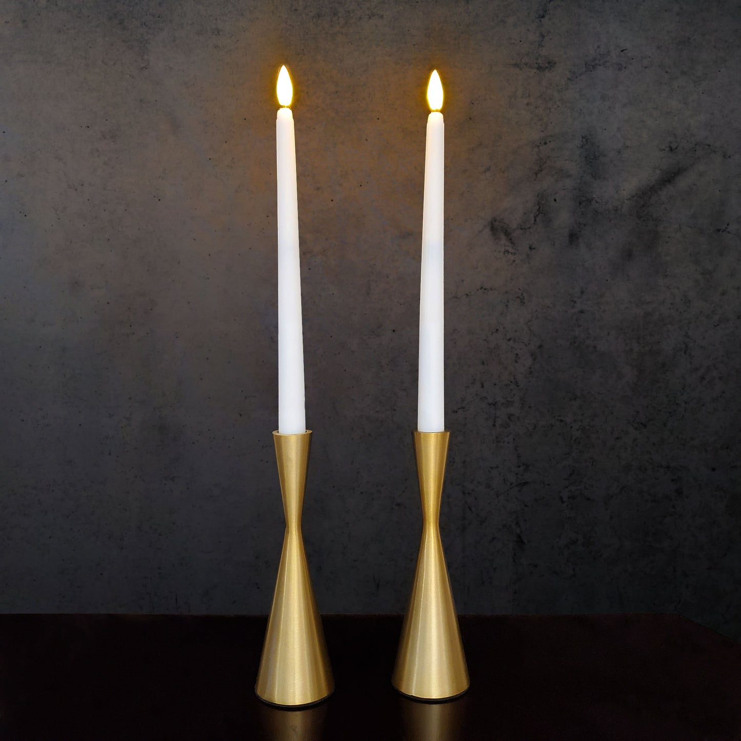 Battery-Operated 3D Wick Taper Candles with Metal Holders - Set of 2