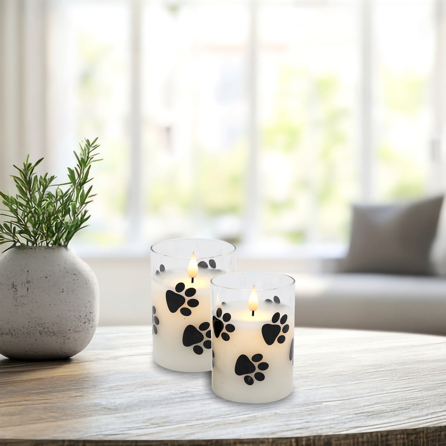Battery-Operated Glass LED Candles with Flickering Flame, Paw Print - Set of 2