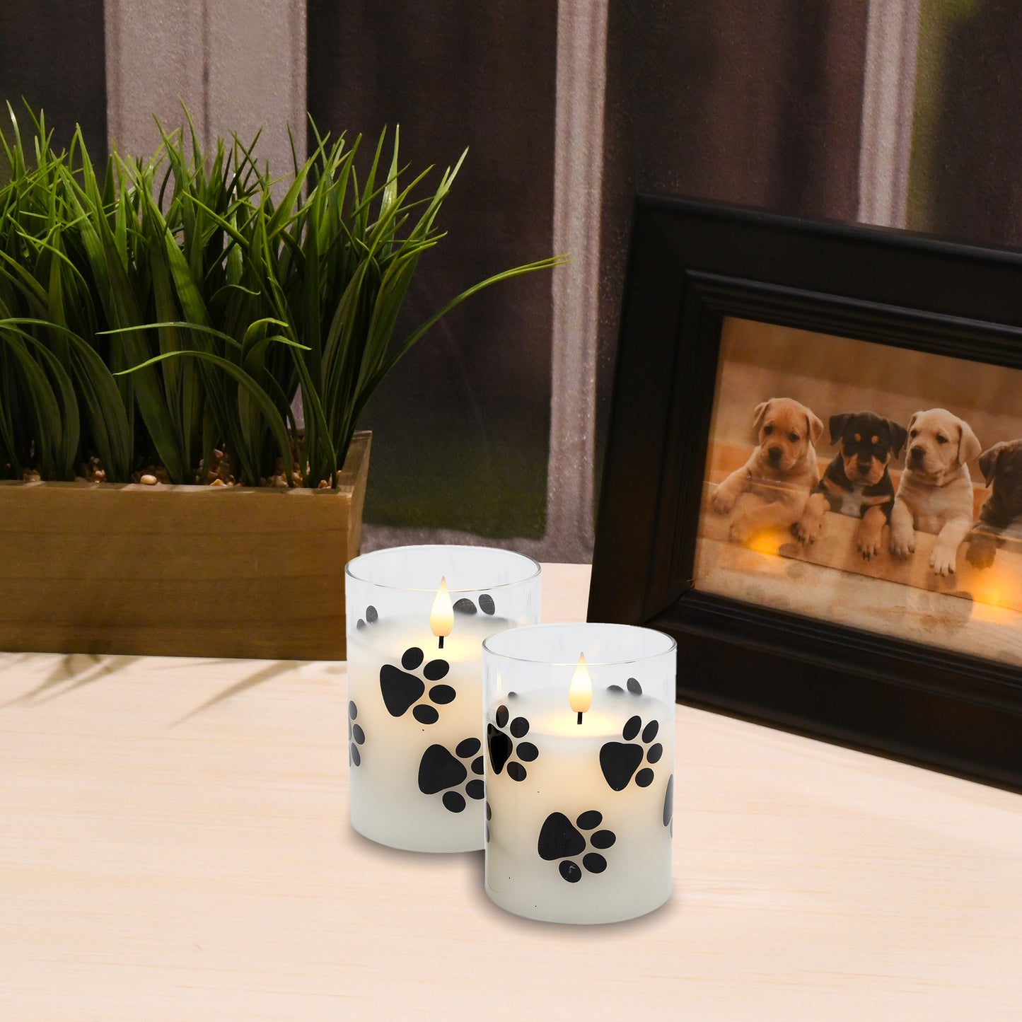Battery-Operated Glass LED Candles with Flickering Flame, Paw Print - Set of 2