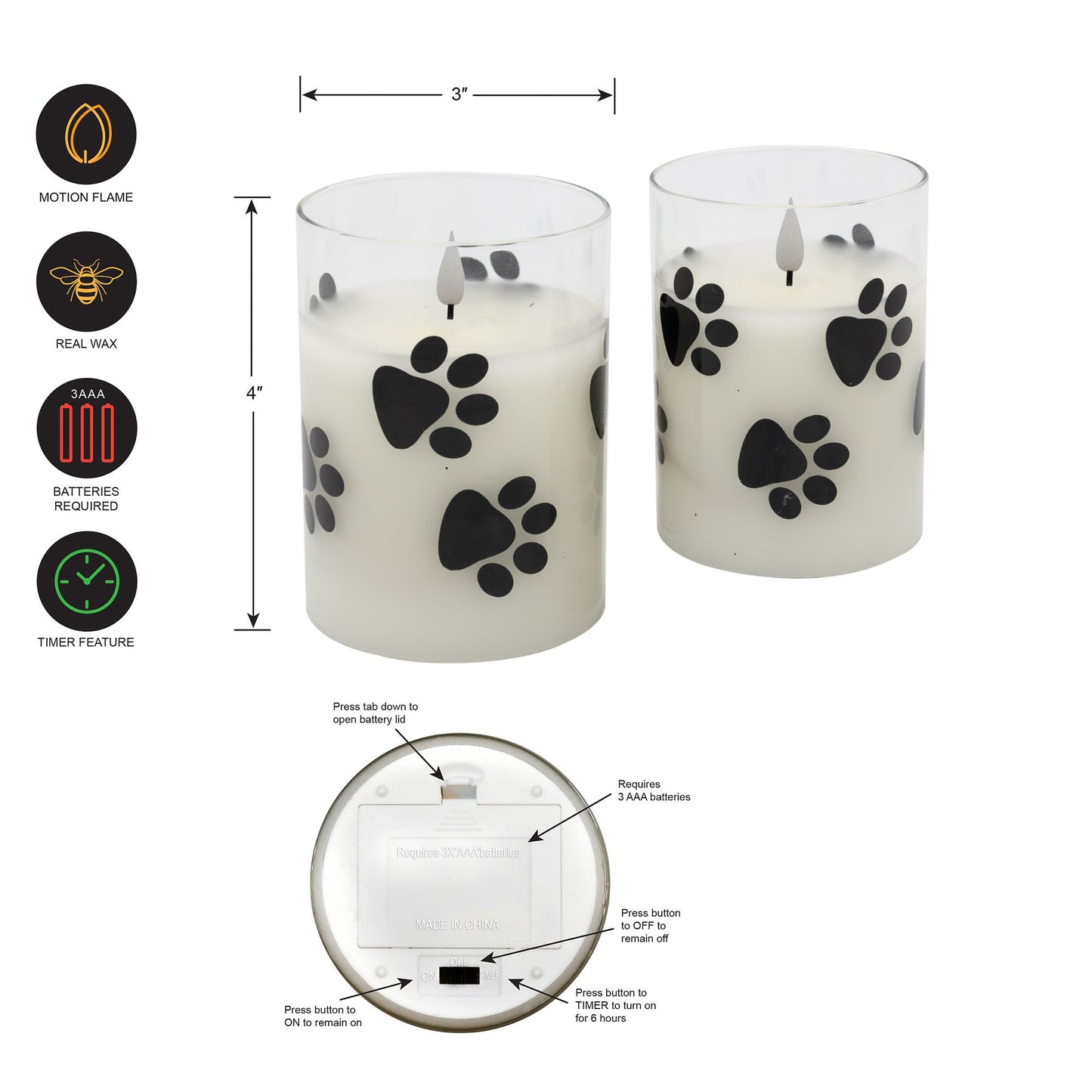 Battery-Operated Glass LED Candles with Flickering Flame, Paw Print - Set of 2