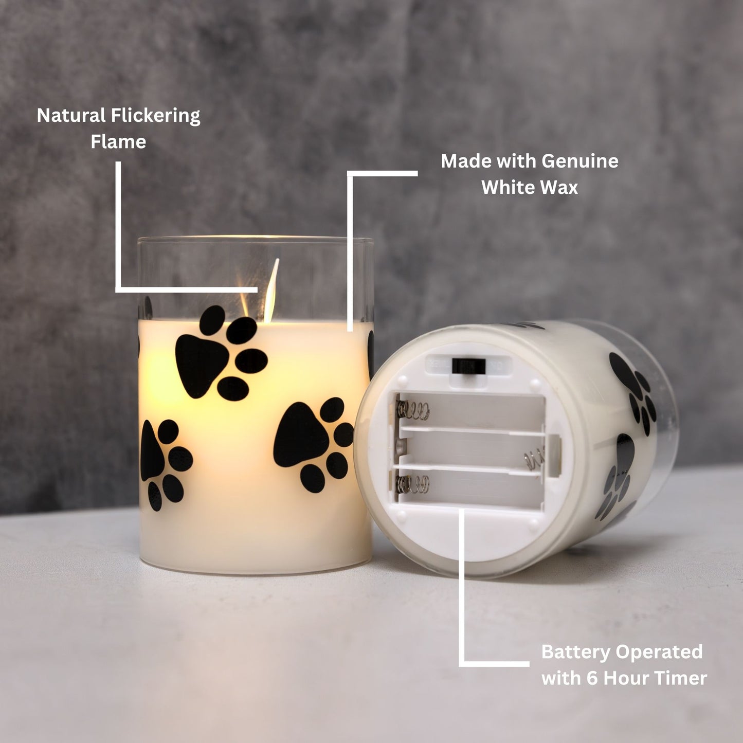 Battery-Operated Glass LED Candles with Flickering Flame, Paw Print - Set of 2