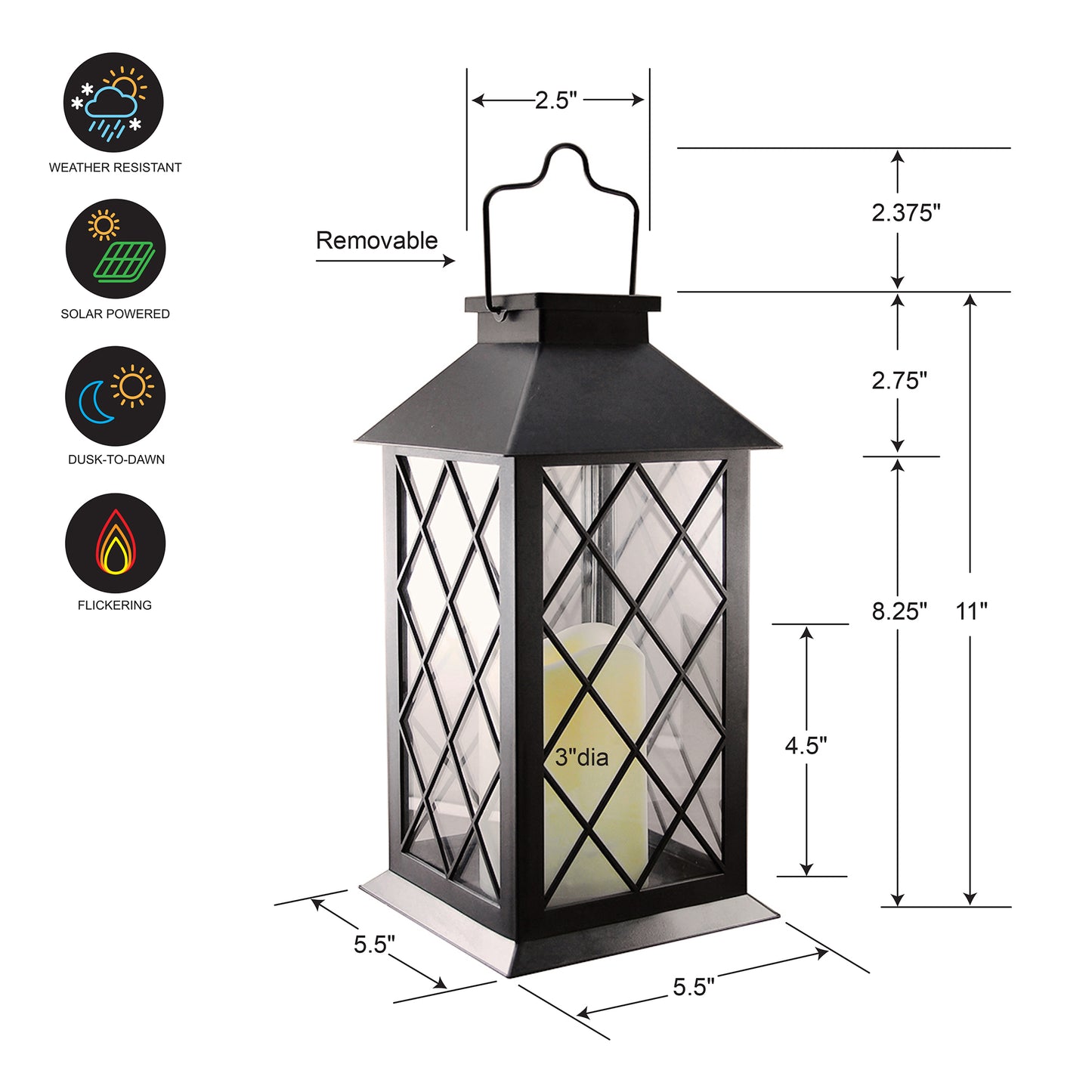 Solar-Powered Lantern with LED Candle - Black Tudor