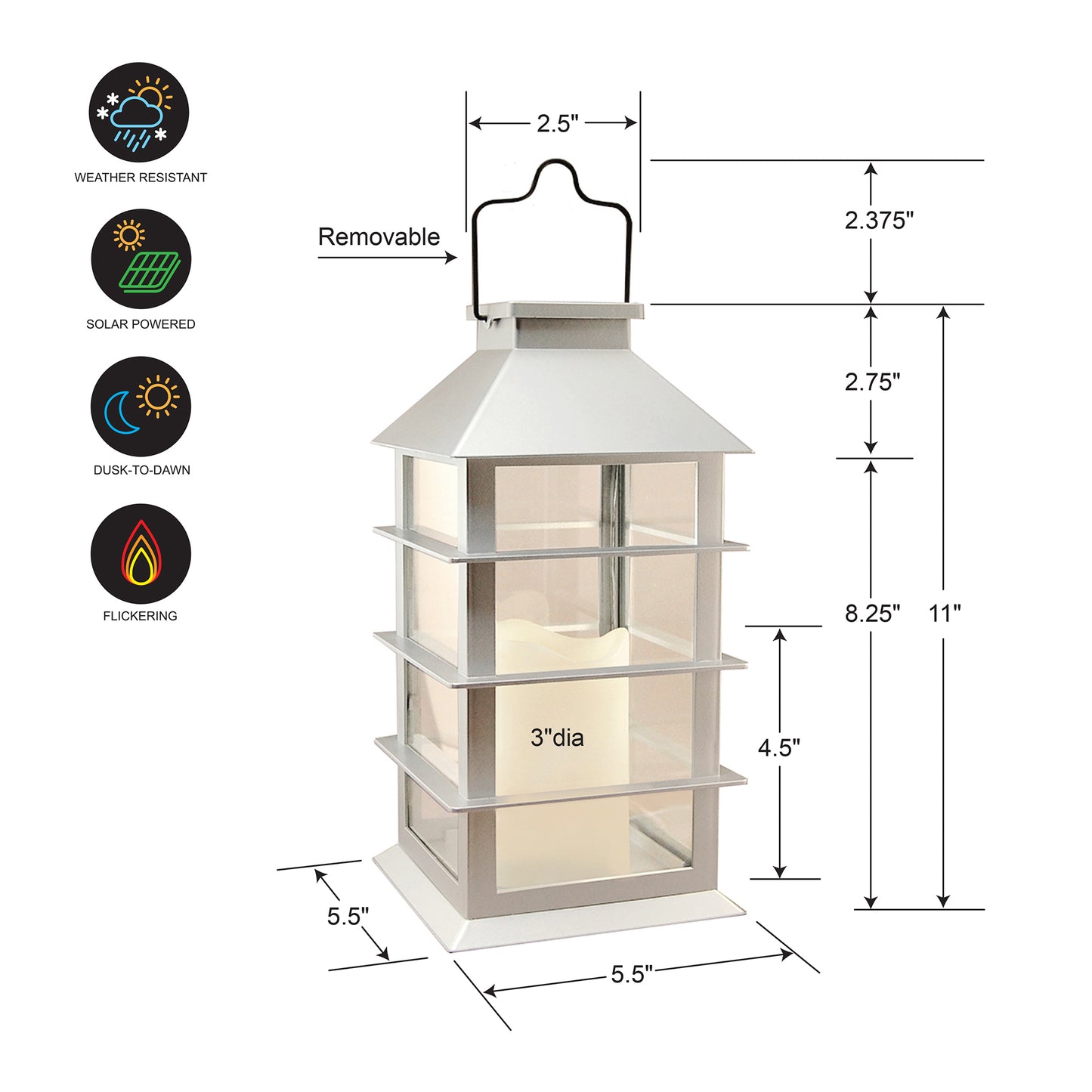 Solar-Powered Lantern with LED Candle - Horizontal