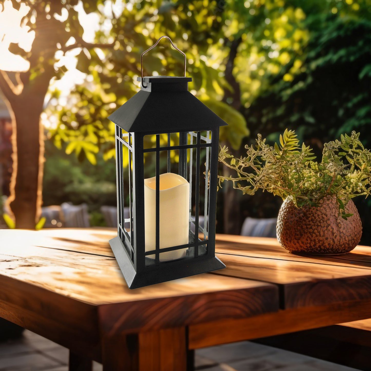Solar Powered Lantern with LED Candle - Black Window