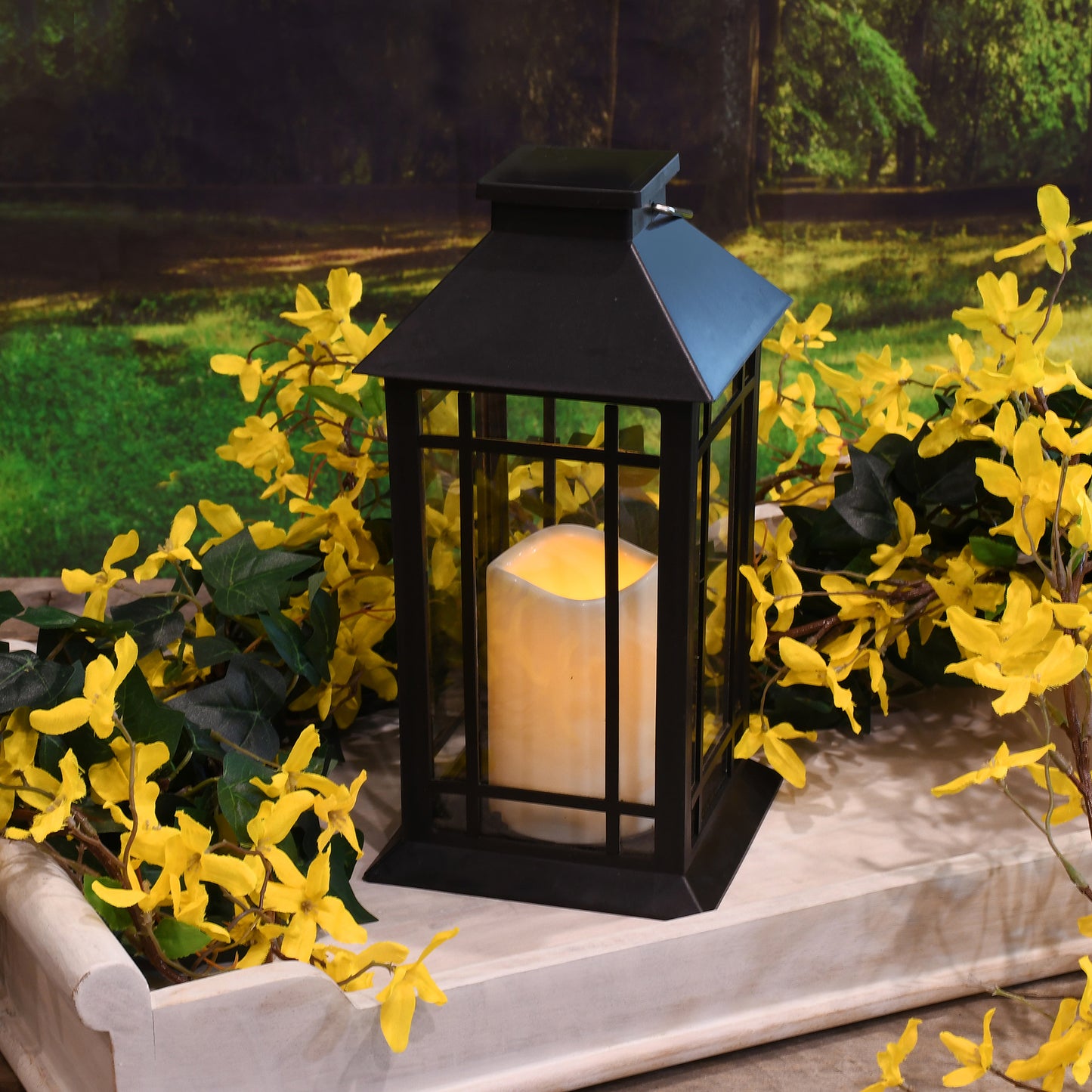Solar-Powered Lantern with LED Candle - Black Window