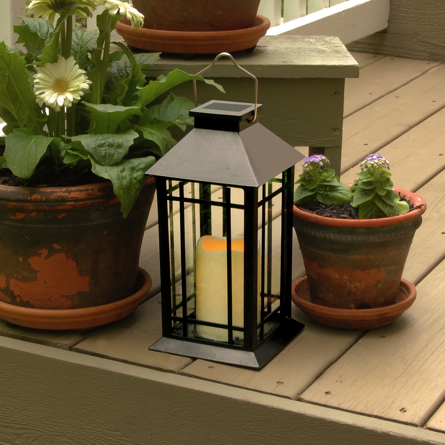 Solar-Powered Lantern with LED Candle - Black Window