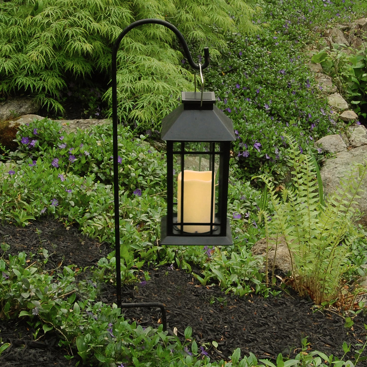 Solar-Powered Lantern with LED Candle - Black Window