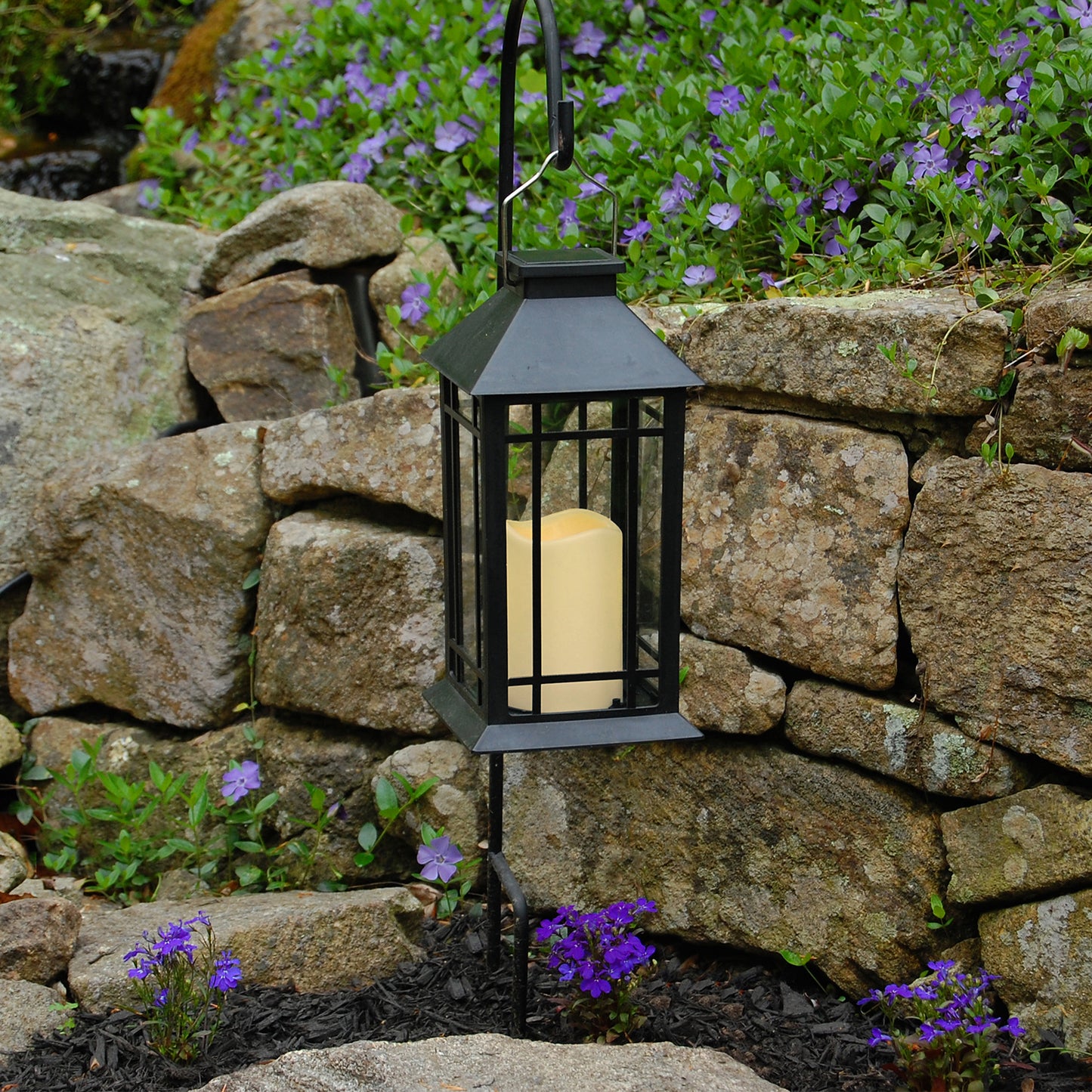 Solar-Powered Lantern with LED Candle - Black Window