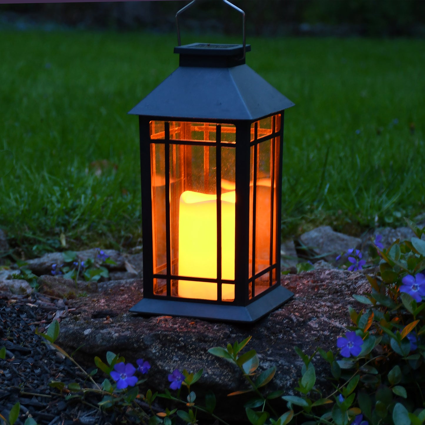 Solar-Powered Lantern with LED Candle - Black Window