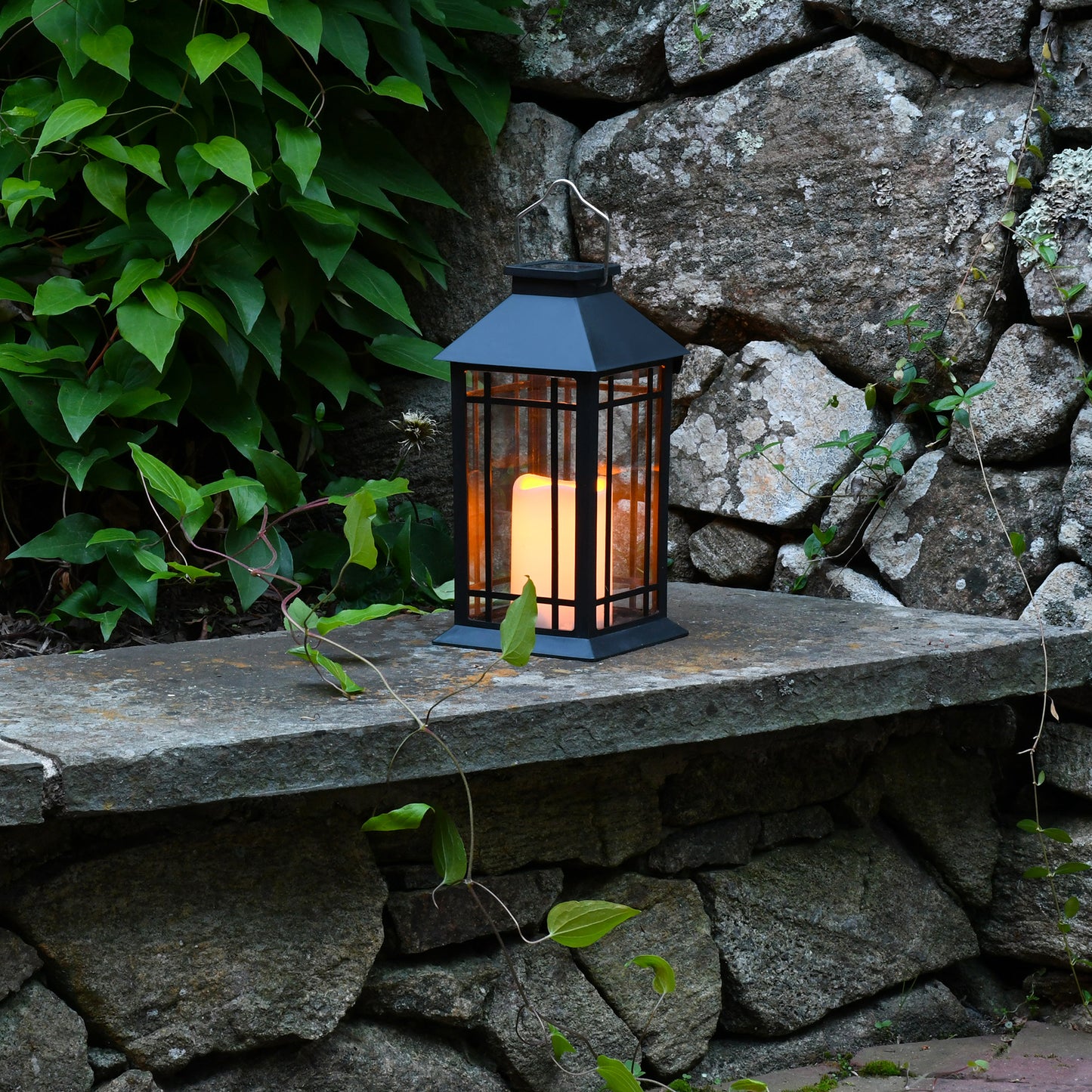 Solar-Powered Lantern with LED Candle - Black Window