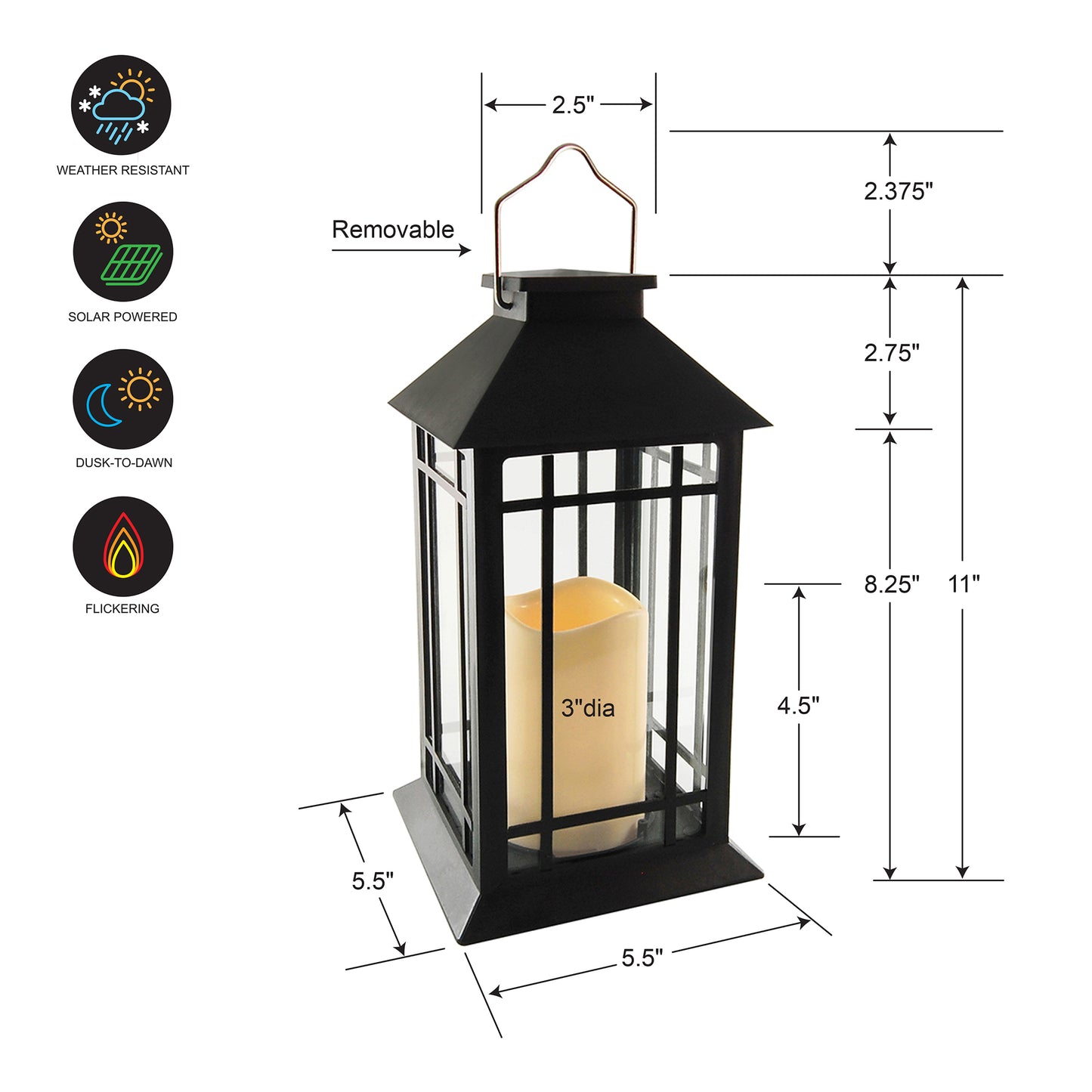 Solar-Powered Lantern with LED Candle - Black Window