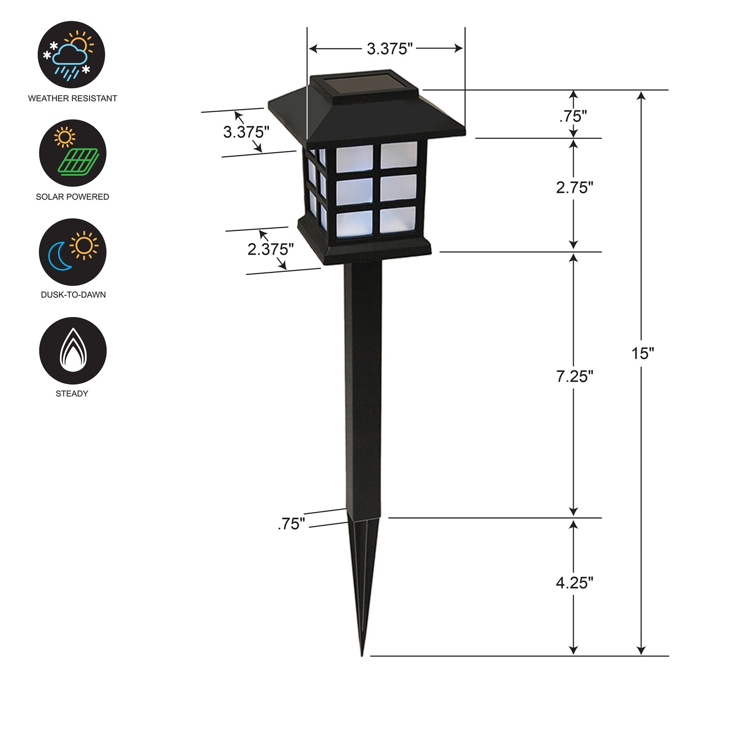 Solar-Powered Ground Lights, Black Window - Set of 4