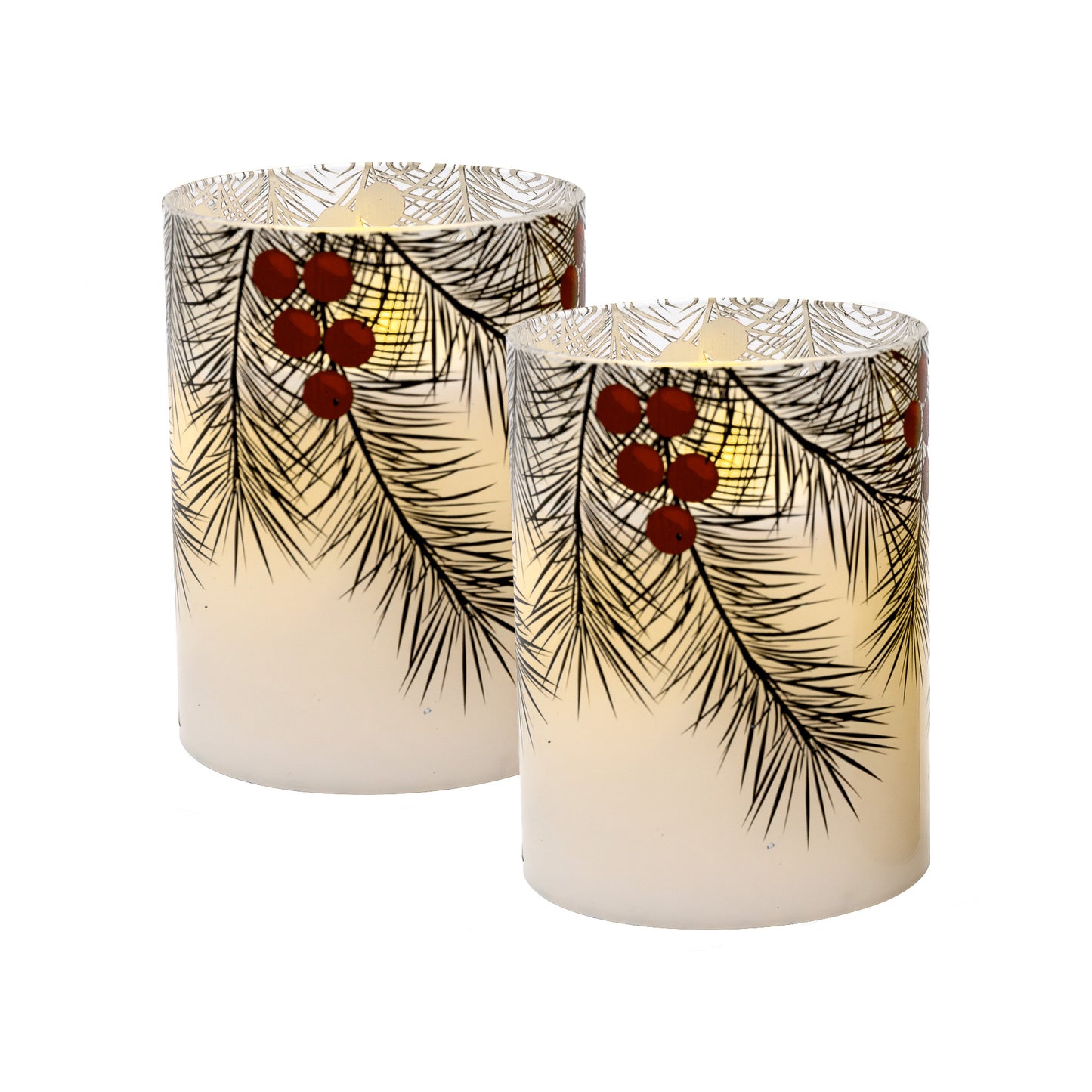 Battery Operated LED Glass Candles with Flickering Flame, Green Pines - Set of 2