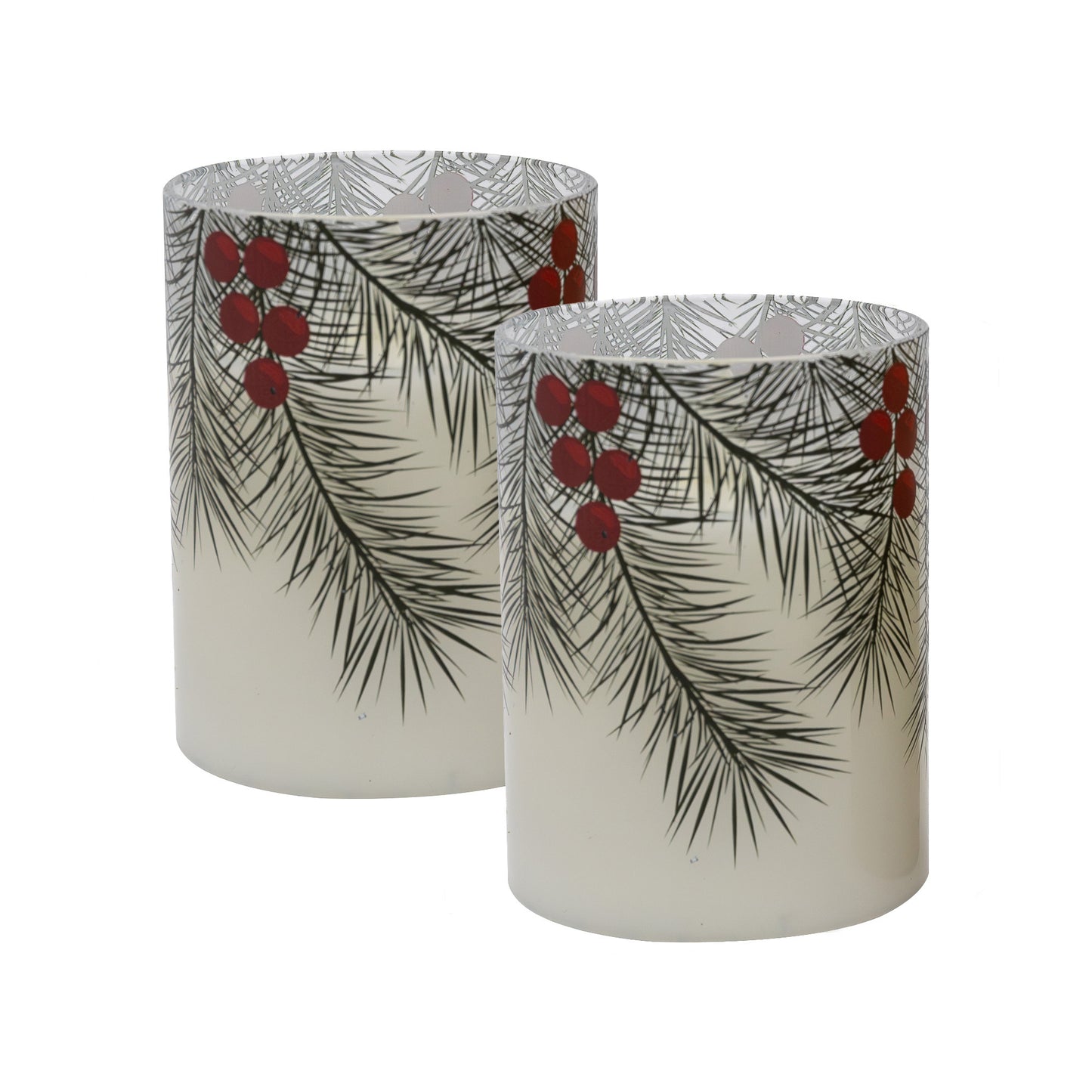 Battery Operated LED Glass Candles with Flickering Flame, Green Pines - Set of 2