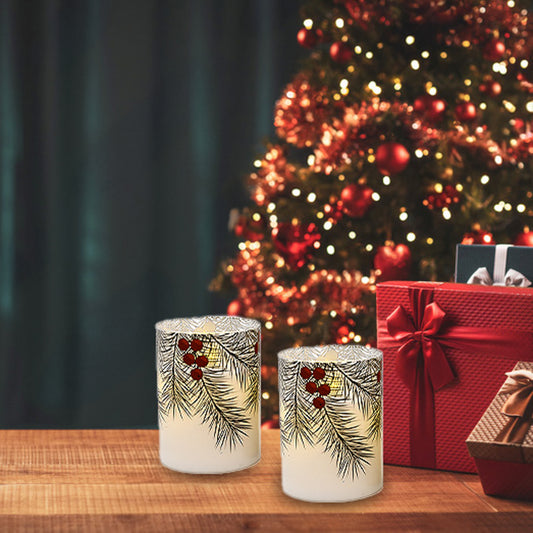 Battery Operated LED Glass Candles with Flickering Flame, Green Pines - Set of 2