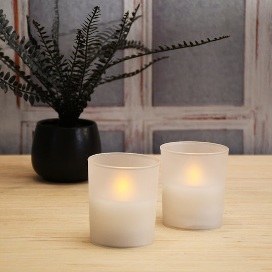 Battery-Operated LED Glass Candles with Moving Flame, Frosted - Set of 2