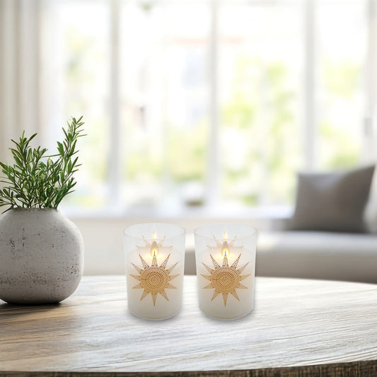 Battery Operated Glass LED Candles with Flickering Flame, Mosaic Sun - Set of 2